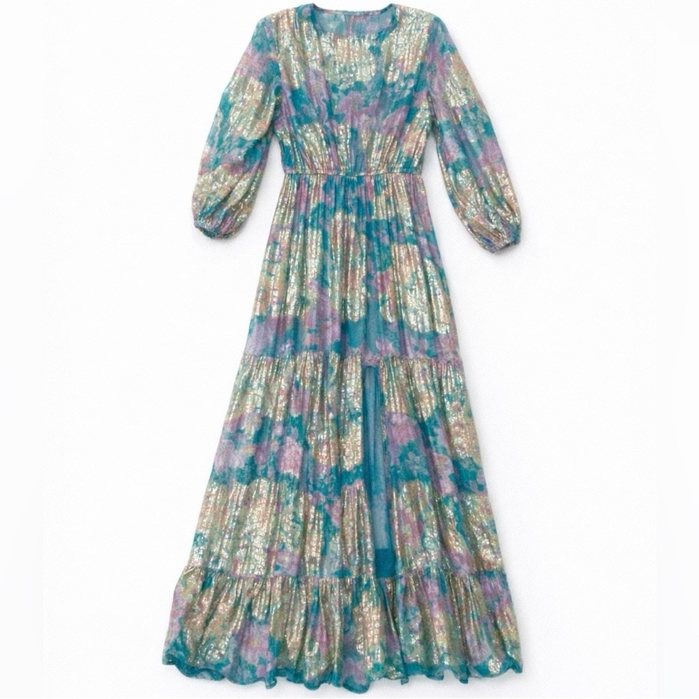 HEMANT & NANDITA Turquoise and Pink Long Sleeve Dress Shimmering Detail - Picture 3 of 4
